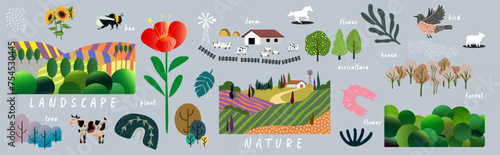 Nature and landscape. Vector illustration of mountains, trees, plants, fields and farms. For prints, cover or card designs, art decoration.