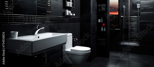 A modern WC bathroom with sleek black and white tiles features a sink and toilet. The monochromatic color scheme gives a clean and contemporary look to the space.
