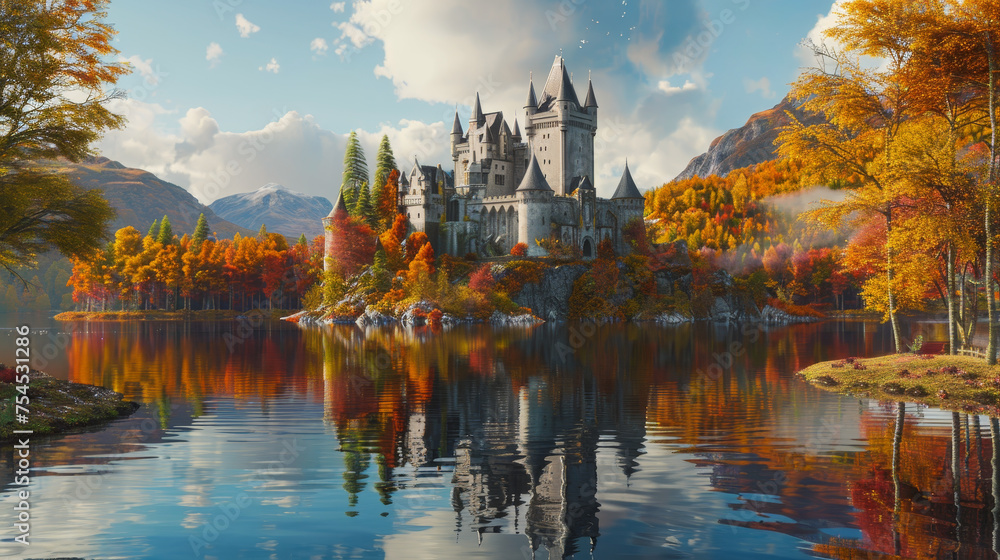 a castle on the shore of a beautiful lake in autumn