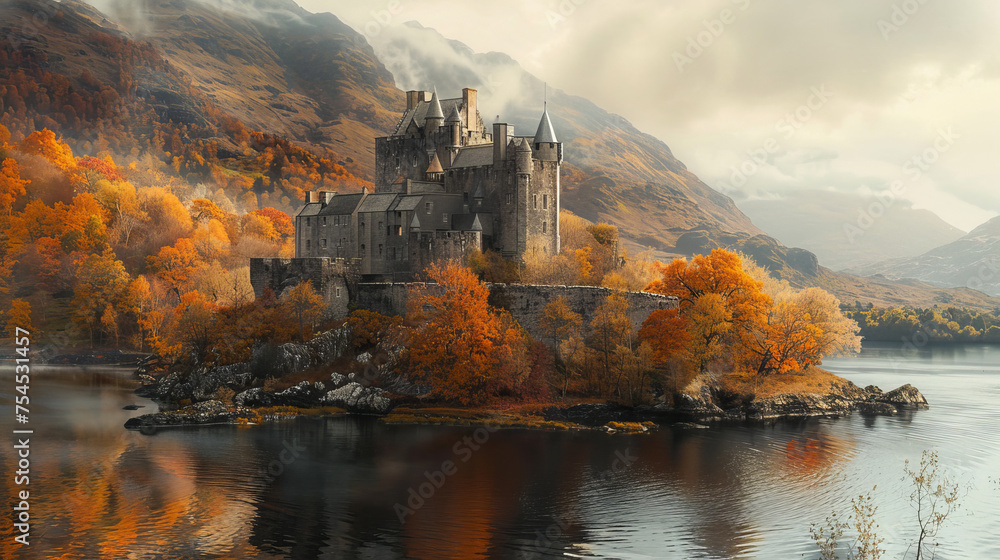 beautiful castle in autumn along the shore of a waterway 