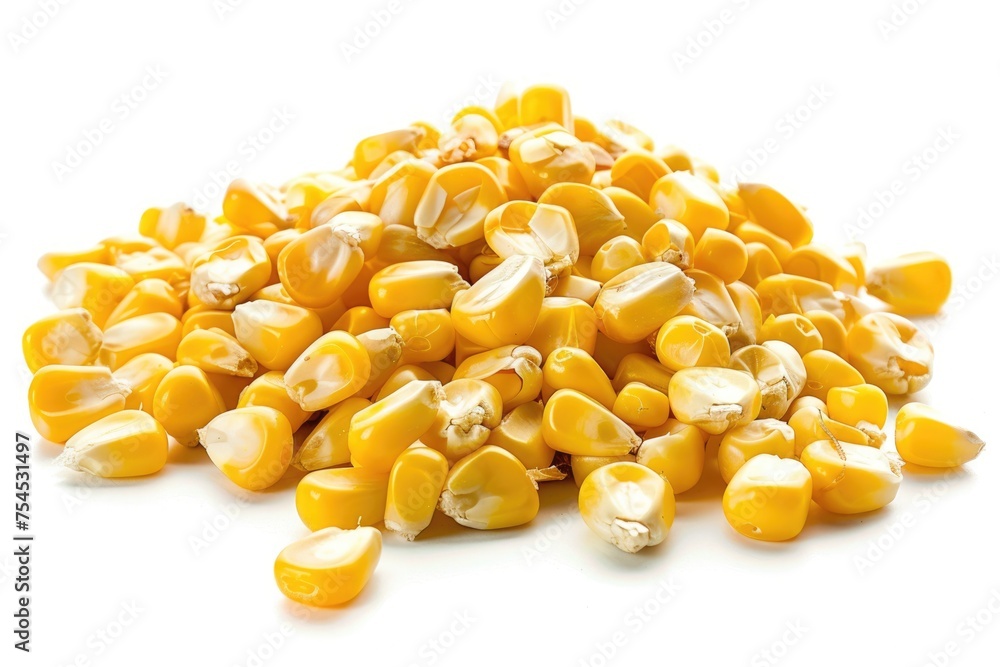 Fototapeta premium Closeup of Isolated Corn Kernels on White Background. Heap of Grain for Fast Food and Vegetarian Meal Concepts