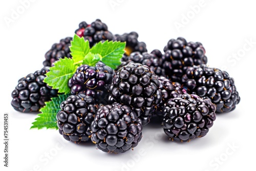 Closeup of Fresh Ripe Juicy Blackberries on White Background. Berry Fruit with High Antioxidant and Appetizing Black Color