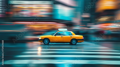 Yellow Taxi in Motion on Busy City Street © Tiz21