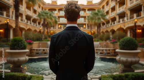 Businessman Overlooking Luxury Hotel Courtyard