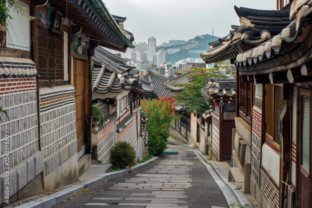 Contrasting Cityscape of Old and New Seoul. Bukchon Hanok Village Brings Traditional Korean Architecture to the Modern Metropolis Contrasting Cityscape of Old and New Seoul. Bukchon Hanok Village Brings Traditional Korean Architecture to the Modern Metropolis
