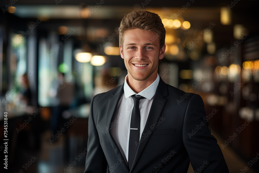 Young smiling businessman in suit. Man in work clothes. Rich man. Business boss. Boss of a start-up. European man. American man. AI. Young smiling businessman in suit. Man in work clothes. Rich man. Business boss. Boss of a start-up. European man. American man. AI.