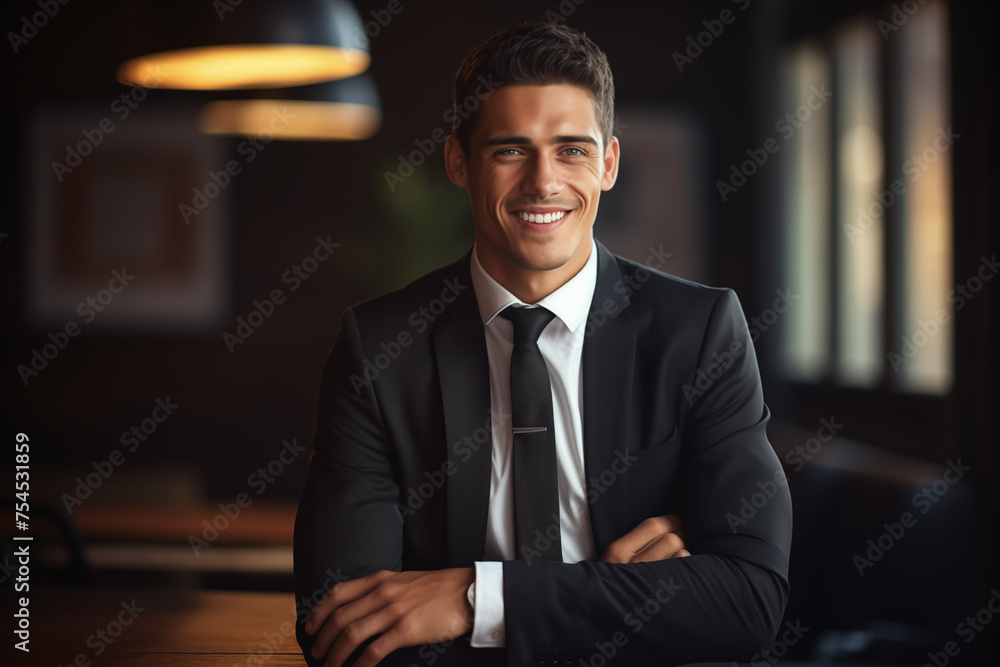 Smiling businessman in suit. Man in work clothes. Rich man. Business boss. Boss of a start-up. European man. American man. AI.