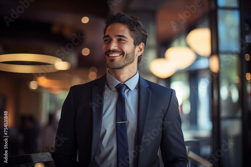 Young smiling businessman in suit. Man in work clothes. Rich man. Business boss. Boss of a start-up. European man. American man. AI.