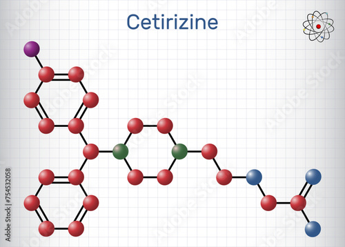 Cetirizine drug molecule. It is drug used in allergic rhinitis and chronic urticaria. Molecule model. Sheet of paper in a cage