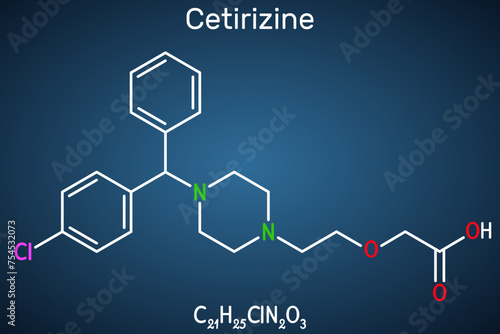 Cetirizine drug molecule. It is drug used in allergic rhinitis and chronic urticaria. Structural chemical formula on the dark blue background