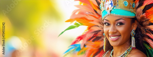 Wallpaper Mural A smiling woman wearing a colorful feathered headdress and traditional caribbean carnival costume with green, blue and orange colors. Torontodigital.ca