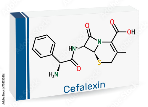 Cefalexin, cephalexin molecule. It is a beta-lactam antibiotic with bactericidal activity. Structural chemical formula and molecule model.