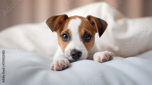 Jack russel terrier puppy sleeping on white bed.