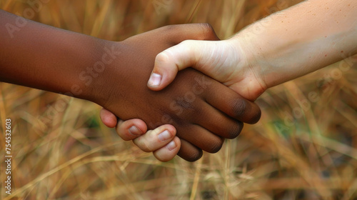 Two hands, one with darker skin and one with lighter, grip firmly in a handshake against a backdrop of golden-hued grasses, symbolizing unity and agreement at twilight