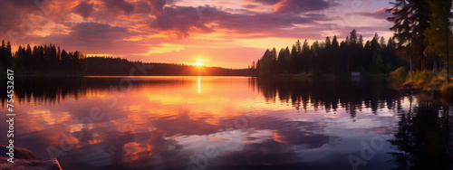 Evening sky and lake in purple, pink and orange colors