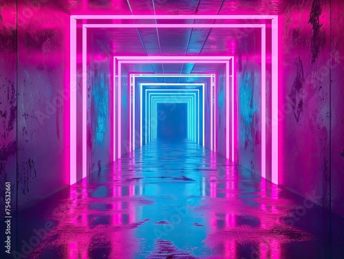 Image capturing the essence of a neon corridor  with lines that glow in ultraviolet light  creating a luminous tunnel-like structure reminiscent of an LED arcade or stage setting. Virtual reality. AI