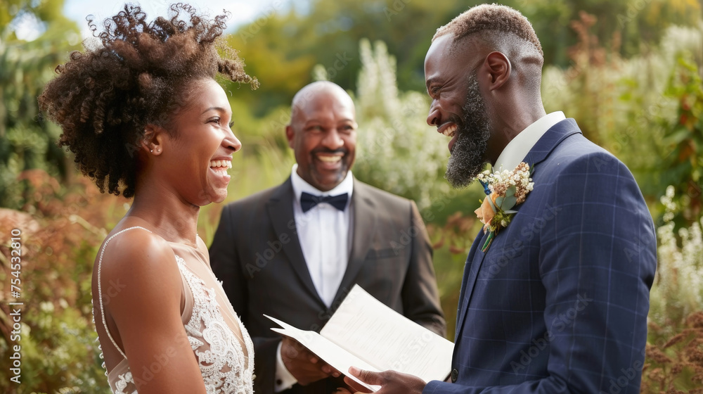 A joyous bride and groom exchange vows with an officiant smiling in the background, surrounded by greenery A joyous bride and groom exchange vows with an officiant smiling in the background, surrounded by greenery