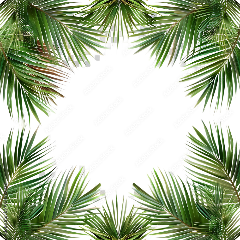 Tropical frame with green palm leaves. Tropical plant branches isolated on a transparent background. Summer banner template with border of coconut palm foliage. 