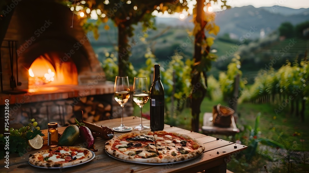 Outdoor dining experience with wood-fired pizza and wine. rustic style dinner in the vineyard at sunset. gourmet countryside meal. AI