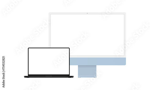 Modern PC Mockups With Blank Screens: Blue Monitor And Black Laptop. Vector Illustration