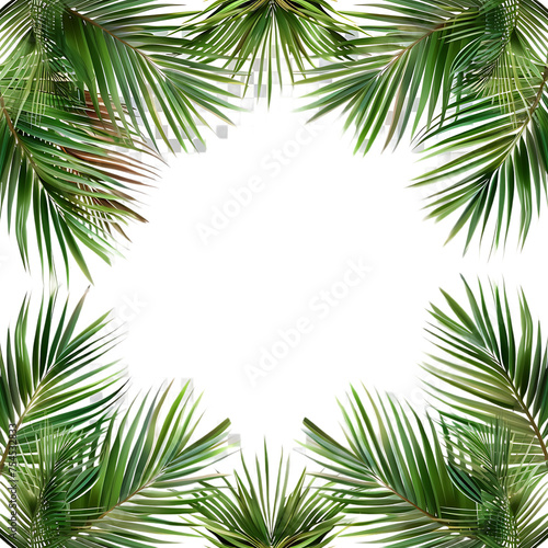 Tropical frame with green palm leaves. Tropical plant branches isolated on a transparent background. Summer banner template with border of coconut palm foliage. 