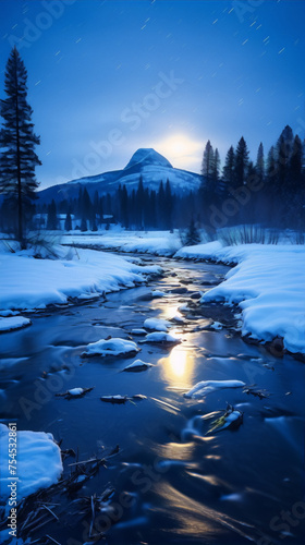 Night mountain river landscape with snow, trees, and moon in blue and white colors, long exposure © zhor