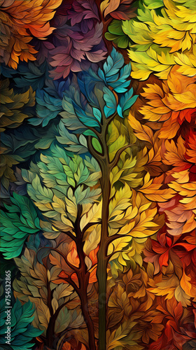 Colorful and vibrant digital painting of a forest with trees and leaves in various colors.
