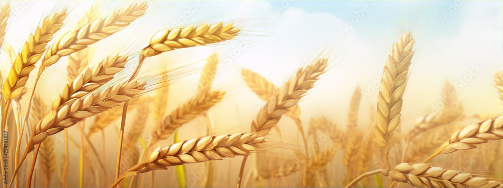Close-up of golden wheat field with blue sky and clouds in the background. Close-up of golden wheat field with blue sky and clouds in the background.