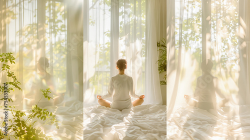 A person sits cross-legged on a bed, meditating peacefully in the soft morning light filtering through gauzy curtains