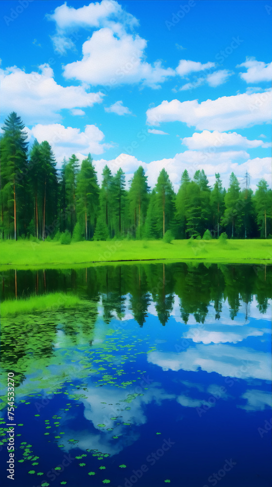 Fototapeta premium Finland, summer landscape, blue sky and lake