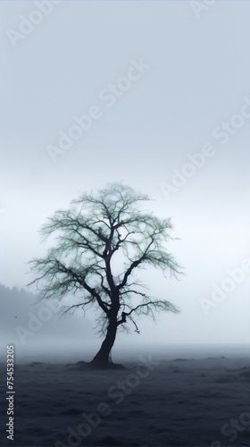 Single tree in the middle of a foggy field, with a gradient from black to white