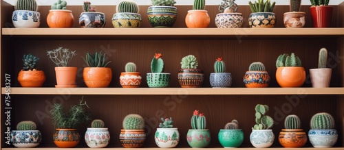 A shelf is densely filled with various types of potted plants, including decorative cacti, creating a vibrant and lively display of greenery indoors.
