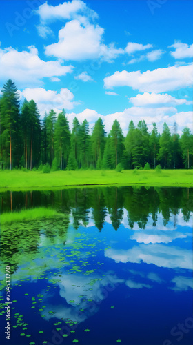 Finland, summer landscape, blue sky and lake