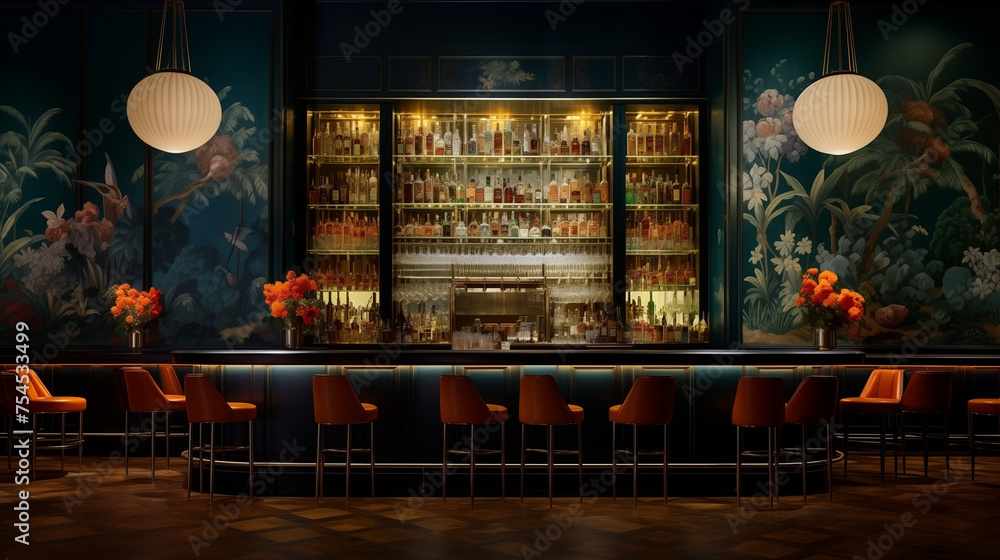Retro-themed cocktail bar with an intricately wallpapered accent wall, featuring unique patterns that transport patrons to a bygone era 