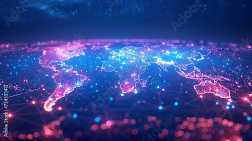 world map and digital lights neon colors