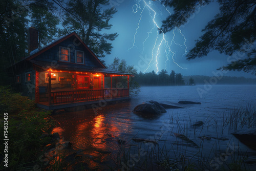 A lakeside cabin, cozy and rustic, lightning flashing through the window, rain tapping on the roof