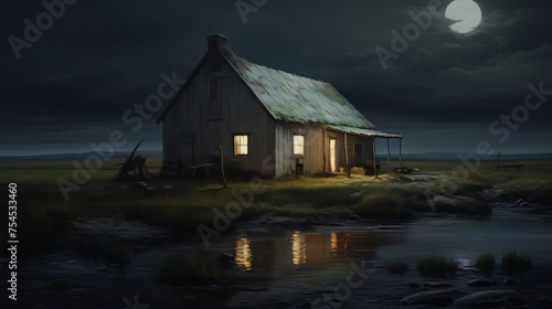 Rural landscape with a lonely house near the river at night, full moon, dark sky, and bright stars.
