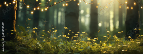 Mystical forest glade with yellow flowers and blurry lights in the background photo