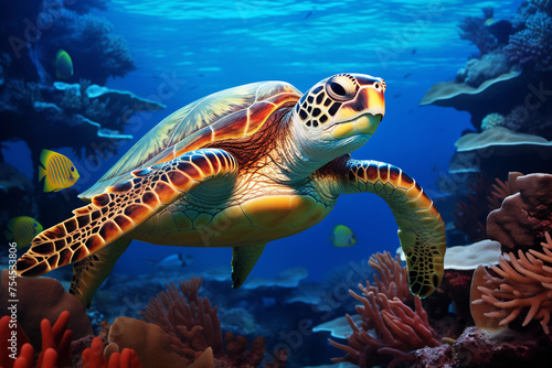 Oceanic Journey - Sea Turtle Among Fish