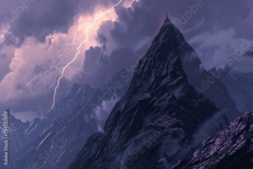A mountain peak, jagged rocks jutting into the stormy sky, lightning illuminating the rugged terrain