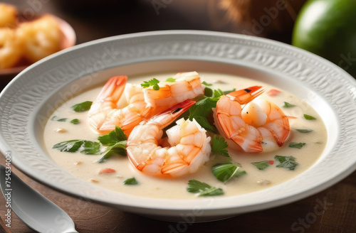 coconut shrimp soup on wooden table. taste of tropical vacation, exotic culinary, evoking sense of luxury and relaxation in food blogs, travel magazines, social media posts