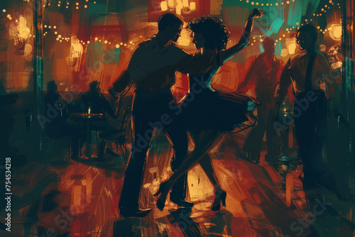 A sensual salsa dancer  hips swaying  her hand firmly leading her across a candlelit dance floor