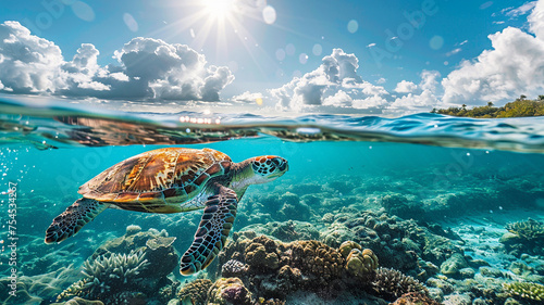 Beautiful turtle swimming among fishes in blue water of ocean. Beautiful nature underwater world concept. AI generated