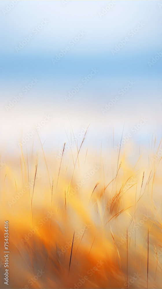 Abstract painting of wheat field with blue sky in orange and yellow colors.