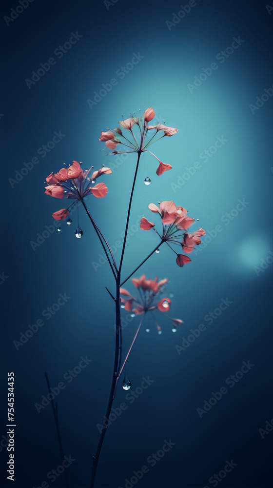 Delicate red flower with water drops on a dark blue background.
