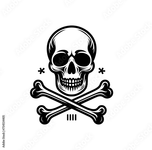 Skull with crossbones monochrome engraved isolated vector illustration