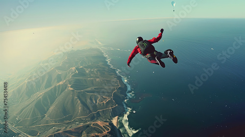 Adventurous man is soaring through the sky while riding a parachute in an exhilarating display of extreme sports