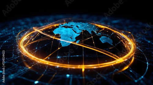 Digital world map, globe, concept of global connection, network and data transfer, technology and telecommunication, information flow