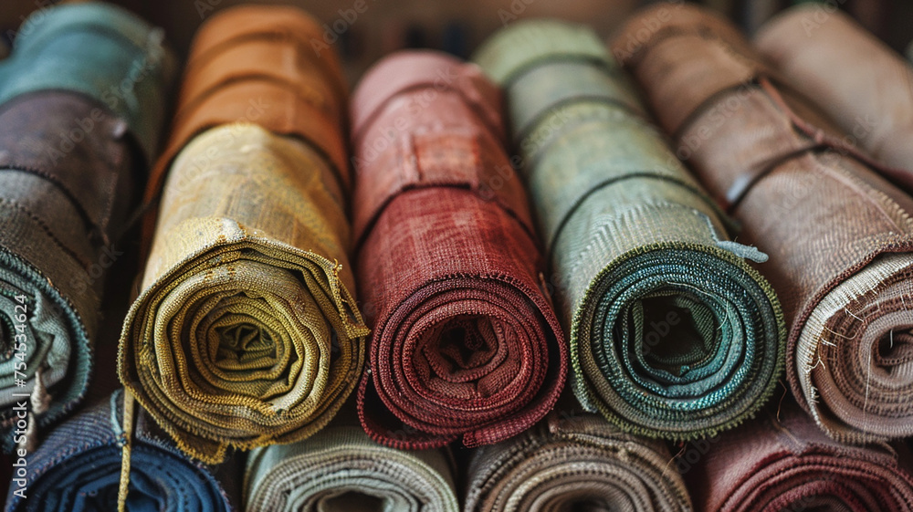 Fabric rolls of beige and brown material background. Old carton reels with colorful flax linen and canvas textile on a retail market stall, close up, high angle view