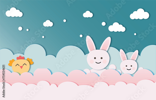 Papercut background concept with a pastel color background, rabbits, clouds, chickens. Cute design for use as a festival background for Easter eggs, Easter egg hunt. Suitable for cute children's event © Nitchalee